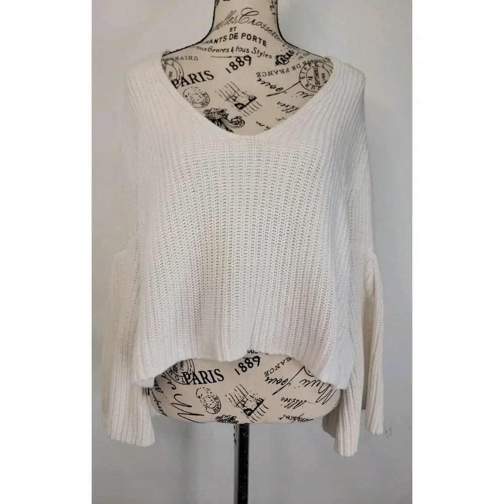 Free People Womens Sz Small Damsel Bell Sleeve Knit Sweater White Boho OB710275